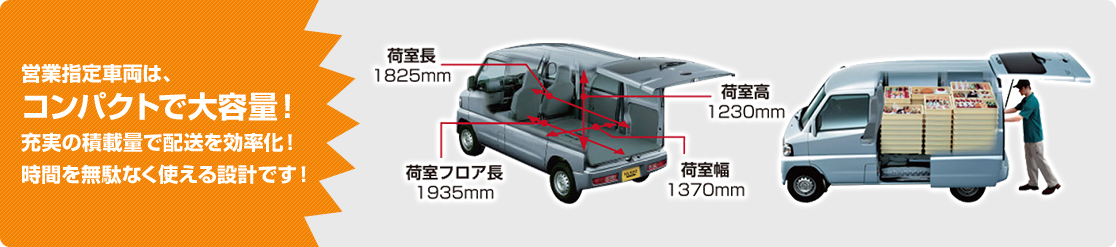 営業指定車両は、コンパクトで大容量！充実の積載量で配送を効率化！時間を無駄なく使える設計です！